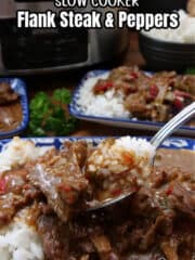 A blue and white rectangle plate with a spoonful of beef, peppers, and rice being scooped off the plate.