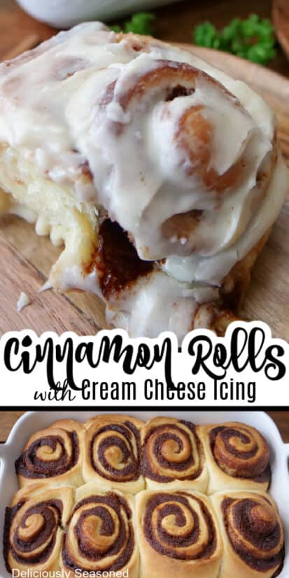 A double collage photo of homemade cinnamon rolls with cream cheese ising.