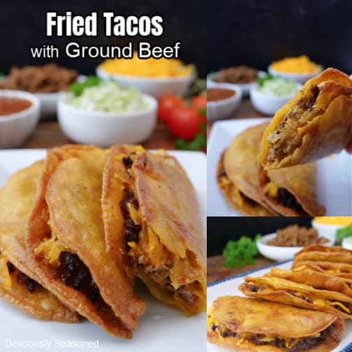A three collage photo of fried tacos.