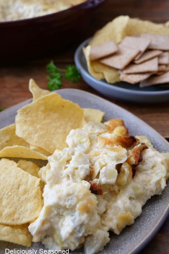 A serving of dip on a grey plate with tortilla chips on it.