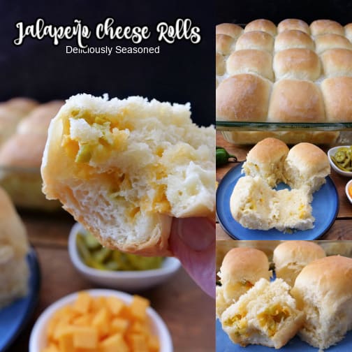 A three collage photo of homemade jalapeno cheese dinner rolls.