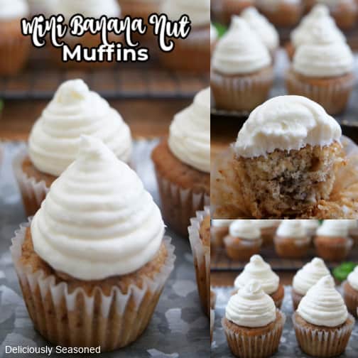 A three collage photo of mini banana nut muffins with cream cheese frosting on top.