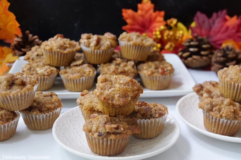 A horizontal photo of a white surface and white plates with mini butternut squash muffins of them with fall foliage in the background.