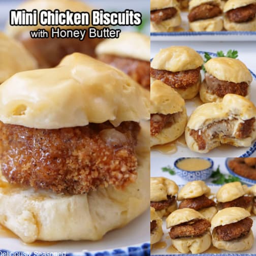 A three collage photo of mini chicken biscuits.