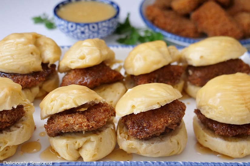 A horizontal photo with eight mini chicken biscuits on a white rectangle plate with blue trim.