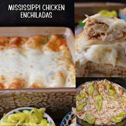 A three photo collage of Mississippi chicken enchiladas.