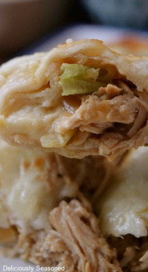 A close up of a bite of chicken enchiladas.