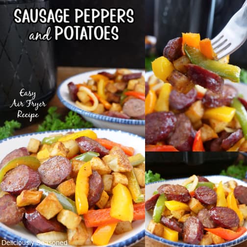 A three photo collage of sausage, peppers, and potatoes.