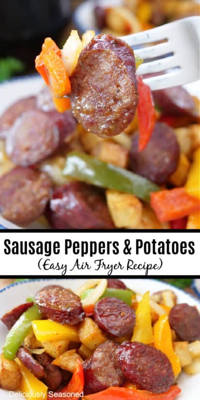 A double photo collage of smoked sausage, bell peppers and potatoes.