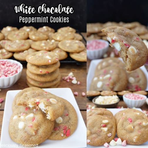 A three photo collage of white chocolate peppermint cookies.