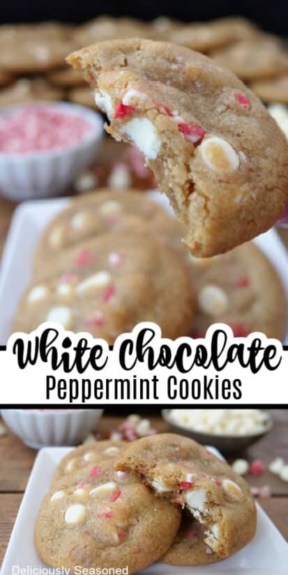 A double photo collage of brown butter white chocolate peppermint cookies.