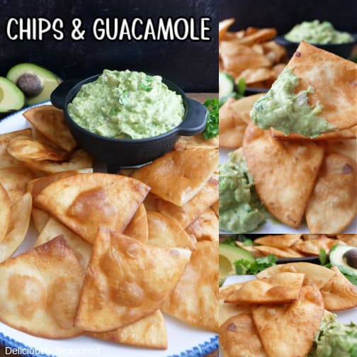 A three collage photo of homemade deep fried flour tortilla chips and homemade guacamole.
