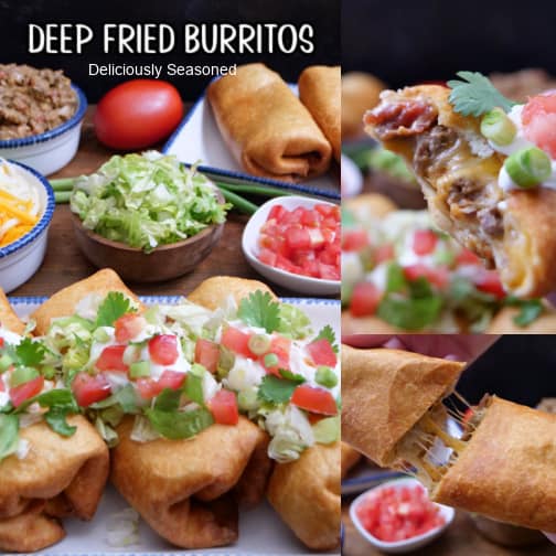 A three collage photo of deep fried burritos topped with shredded lettuce, sour cream, diced tomatoes, cilantro and green onions.