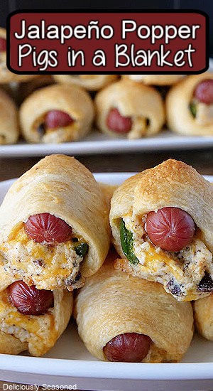 A white plate with many jalapeno poppers pigs in a blanket.