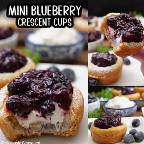 A three collage photo of mini blueberry crescent cups.
