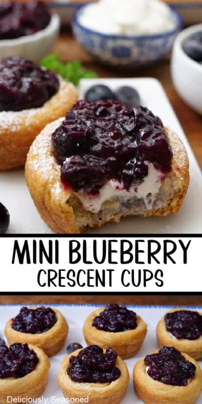 A double collage photo of mini blueberry crescent cups on a white plate.