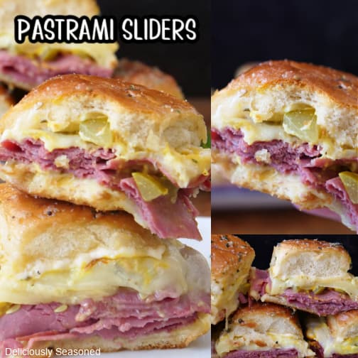 A collage picture of pastrami sliders with the title at the top left corner.