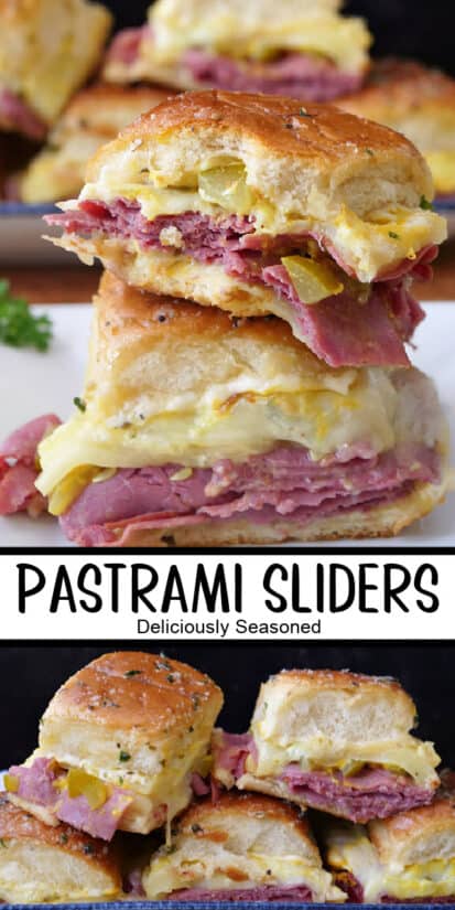 A double picture of pastrami sliders with the title in the middle.