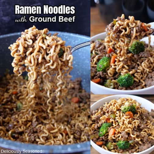 A three collage photo of ramen noodles with ground beef, broccoli, and carrots.