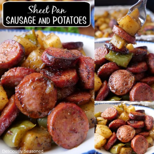 A three collage photo of sausage and potatoes.