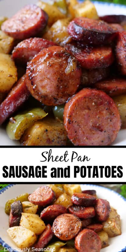 A double collage photo of sausage and potatoes.