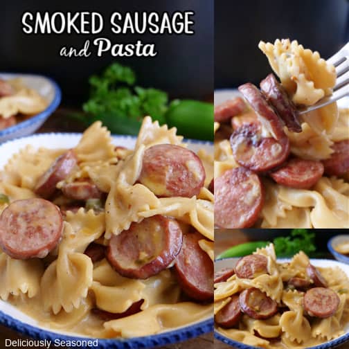 A three collage photo of smoked sausage and pasta.