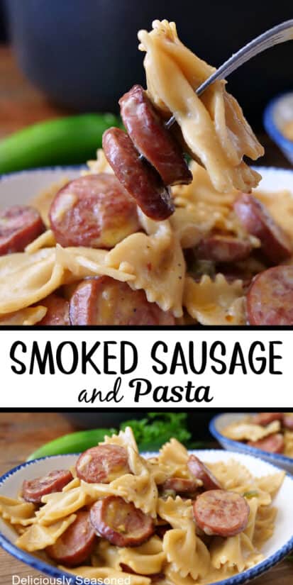 A double collage photo of sliced smoked sausage with bow tie pasta in a creamy sauce.