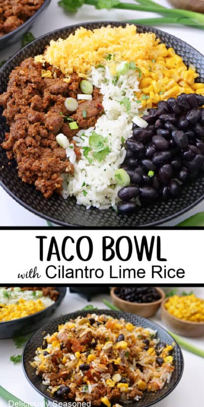 A double collage photo of a black bowl filled with taco meat, cheese, corn, black beans, and rice.