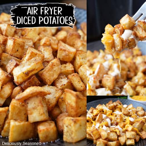 A three collage photo of air fryer diced potatoes.