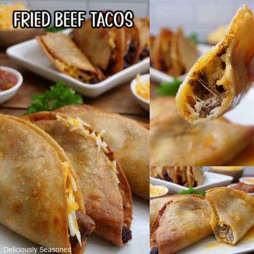 A three collage photo of fried beef tacos.