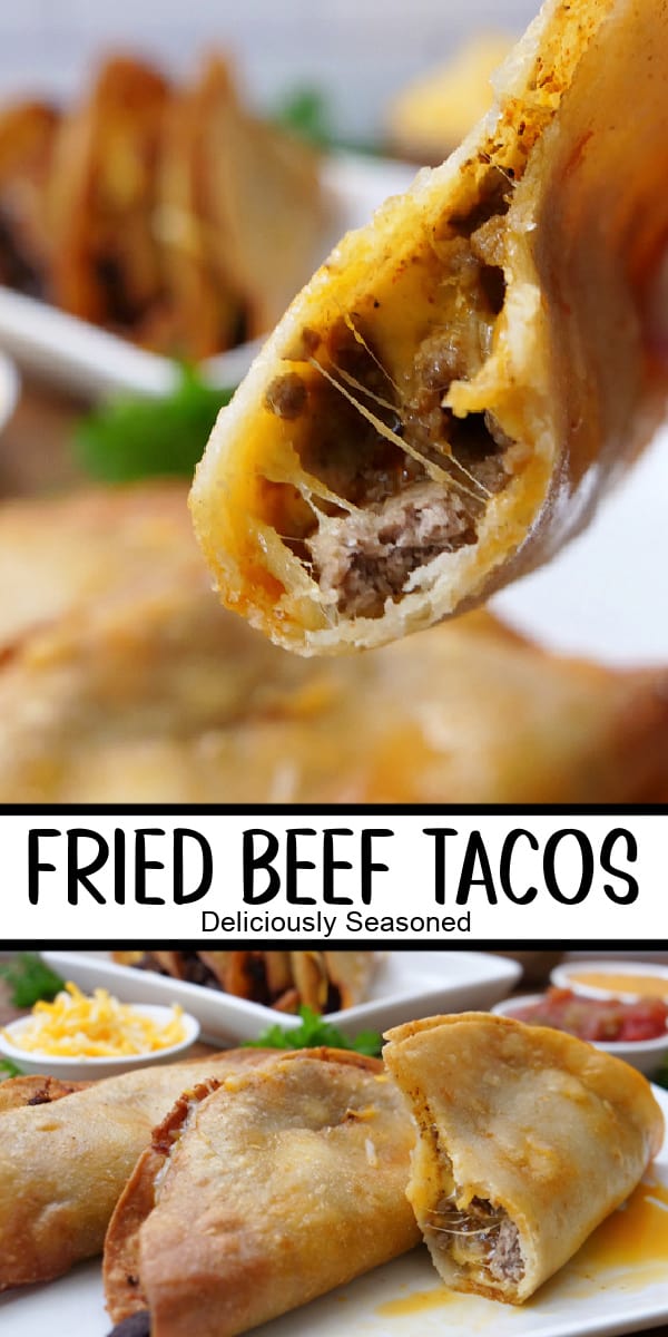 A double collage photo of fried beef tacos with the title of the recipe in the center of the two photos.