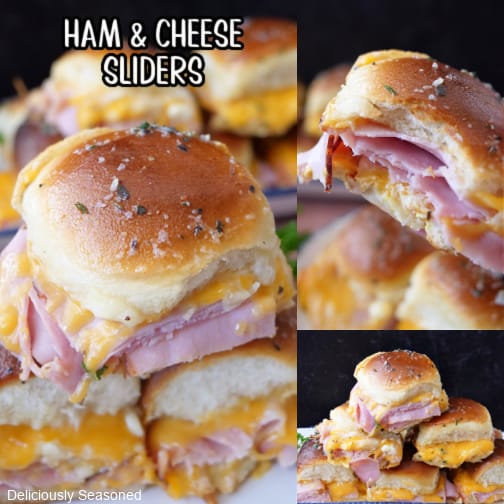 A three collage photo of ham and cheese sliders.