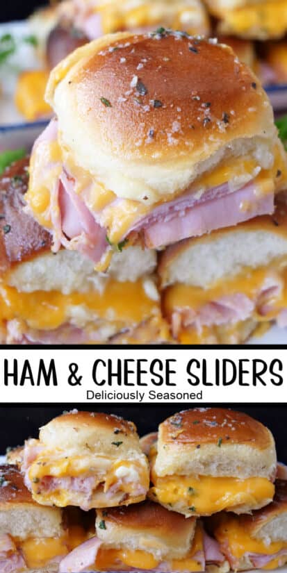 A double collage photo of ham and cheese sliders on Hawaiian rolls.