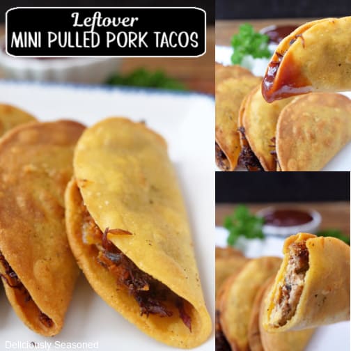 A three collage photo of mini leftover pulled pork tacos.
