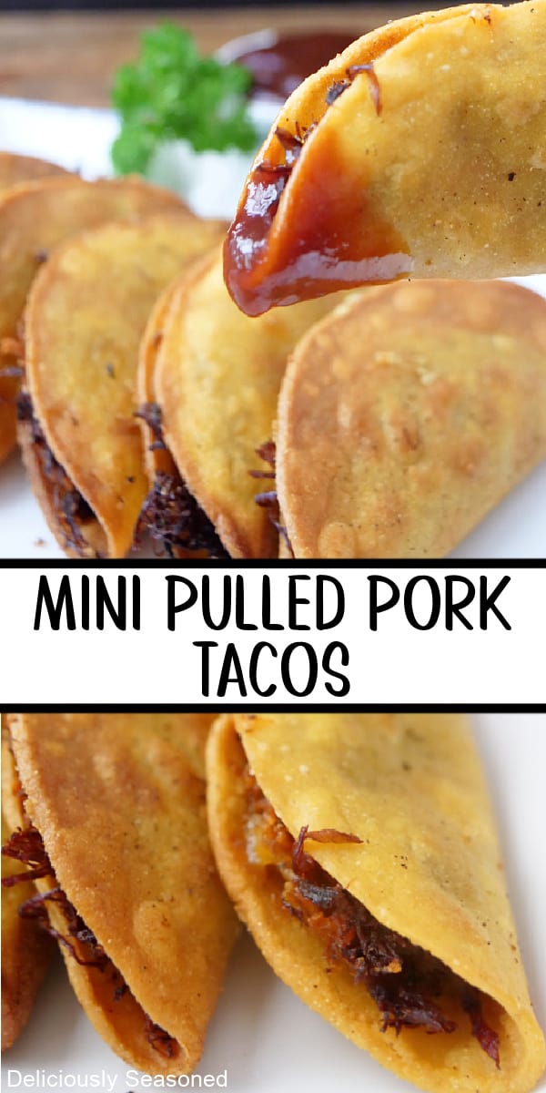 A double collage photo of mini fried pork pulled pork tacos with one dipped in BBQ sauce.