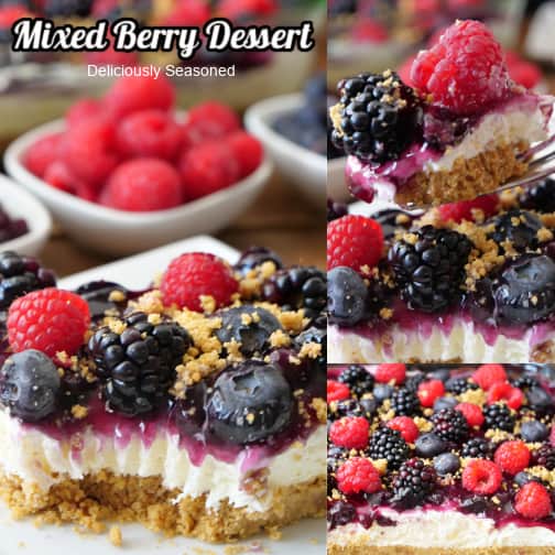 A three collage photo of mixed berry dessert made with a graham cracker crust, sweet cream cheese, and fresh berries on top.