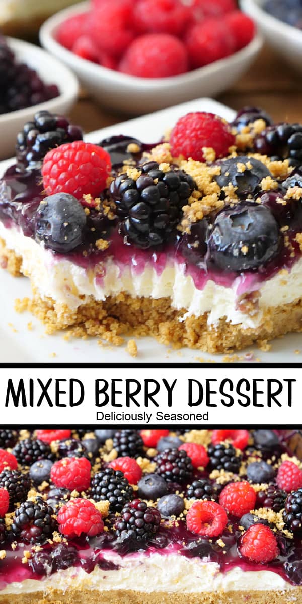 A double collage photo of an easy dessert made with a graham cracker crust, sweet cream cheese, and fresh berries.