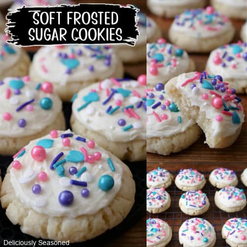 A three collage photo of soft frosted sugar cookies with white frosting and candy sprinkles.