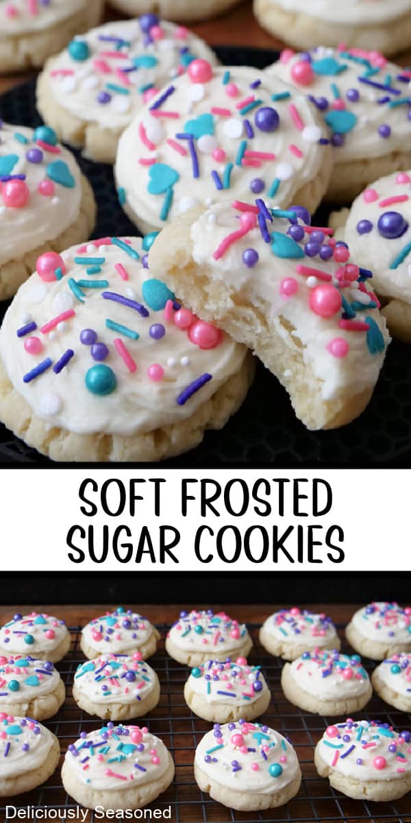 A double collage photo  of bite-size sugar cookies with white frosting and candy sprinkles on top.
