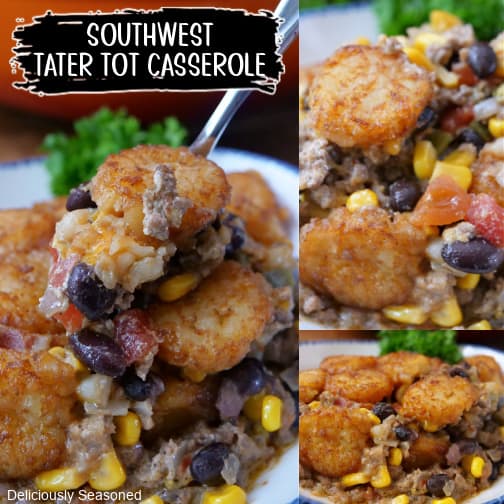 A three collage photo of southwest tater tot casserole.