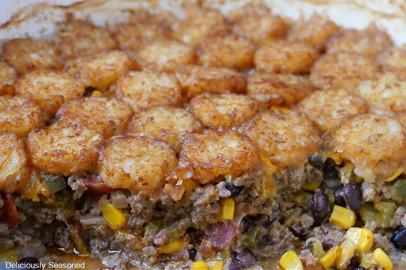 A baking dish with Southwest tater tot casserole in it.