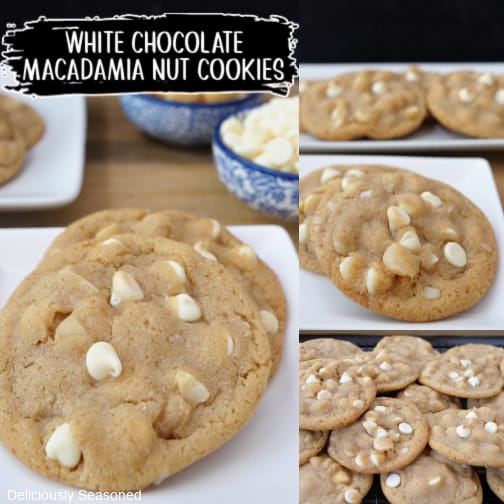 A three collage photo of white chocolate macadamia nut cookies.