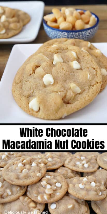 A double collage photo of white chocolate macadamia nut cookies.
