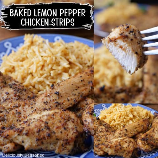 A three collage photo of baked lemon pepper chicken strips.