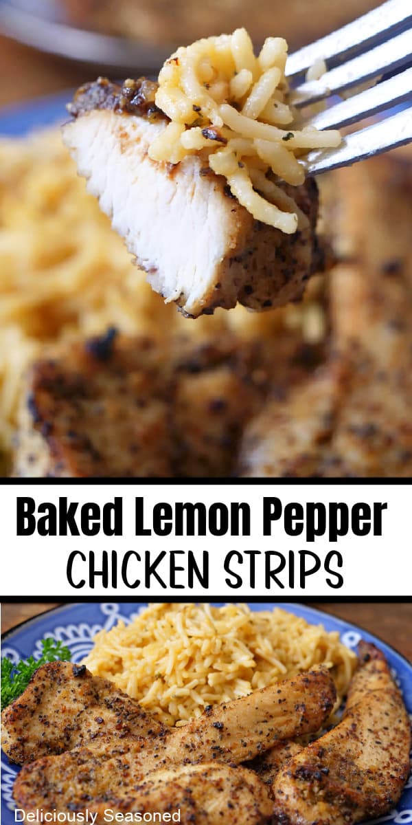 A double collage photo of baked lemon pepper chicken strips.