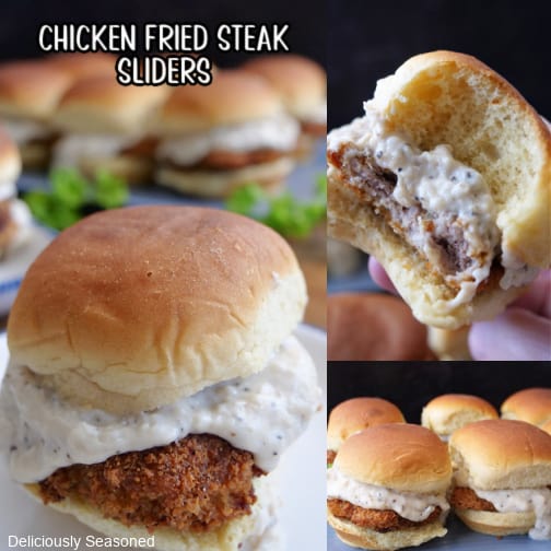A three collage photo of chicken fried steak sliders.
