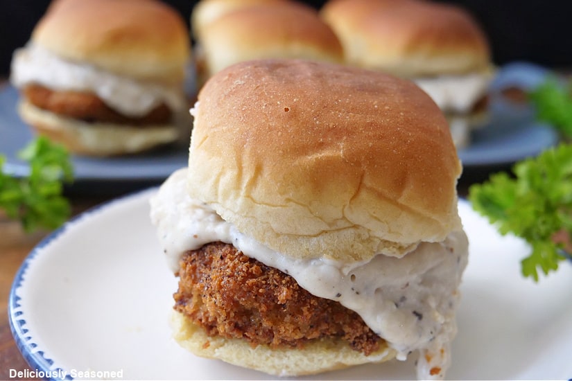 A horizontal photo of a close up of a white plate with blue trim with a chicken fried steak slider on it.