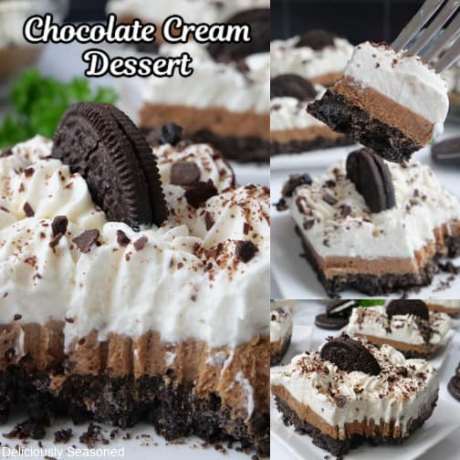 A three collage photo of chocolate cream dessert made with an Oreo cookie crust, a chocolate pie layer and homemade whipped cream.