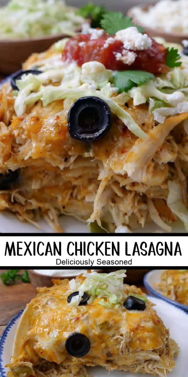 A double collage photo of Mexican chicken lasagna.