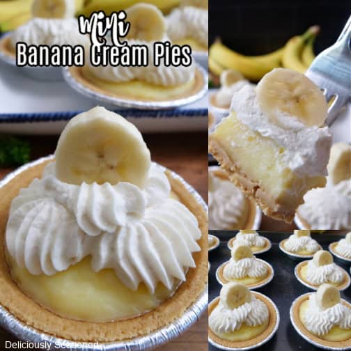 A three collage photo of mini banana cream pies.